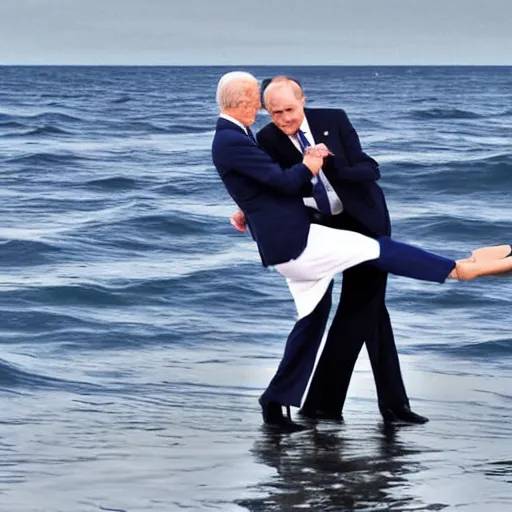 Image similar to biden and putin dancing on the ocean, close up, high quality photograph