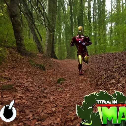 Image similar to trailcam footage of iron man running in the forest