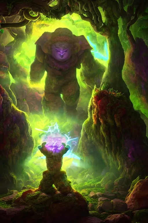 Image similar to arcane fantasy art giant golem elemental wood rock bastion forged gemstone enchanted forest troll, global illumination ray tracing hdr fanart arstation by sung choi and eric pfeiffer and gabriel garza and casper konefal lisa frank zbrush central hardmesh radiating a glowing aura