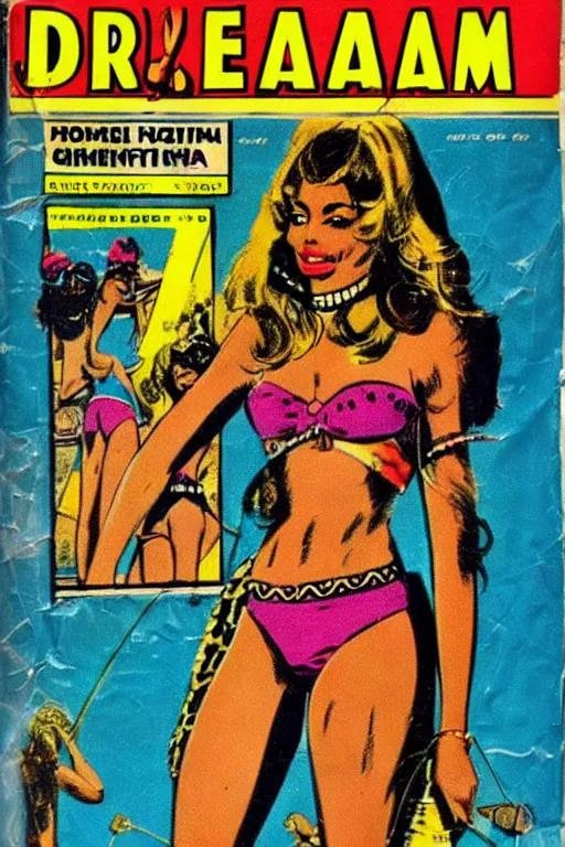 Image similar to !dream african bikini girls, vintage 70s comic cover