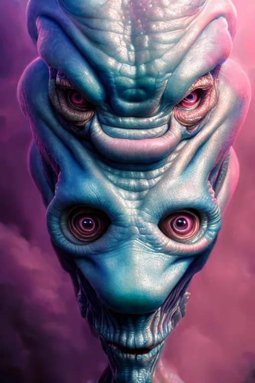 Image similar to hyperrealistic close-up pastel rococo alien! highly detailed concept art eric zener elson peter cinematic hard blue lighting high angle hd 8k sharp shallow depth of field, inspired by David Paul Cronenberg and Zdzisław Beksiński