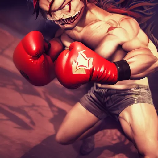 Image similar to demon hero ,boxing gloves,worn pants ,ArtStation, studio trigger anime,studio trigger style,studio trigger art,CGSociety,full length, exquisite detail, post-processing, masterpiece, volumetric lighting, cinematic, hypermaximalistic, high details, cinematic, 8k resolution, beautiful detailed, insanely intricate details