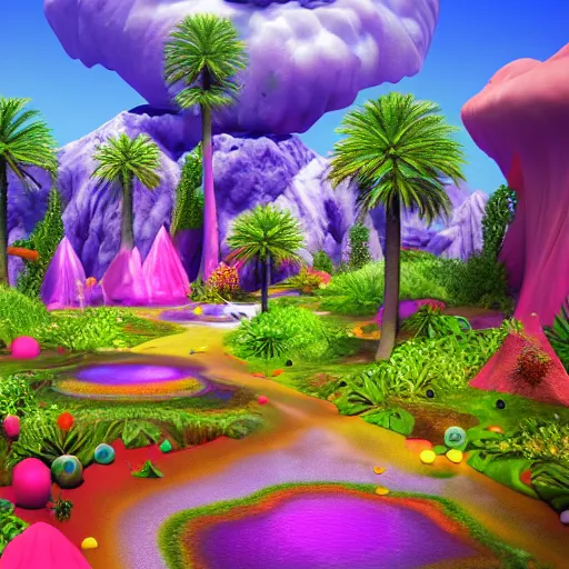 Image similar to a 3d rendering of a fantasy world by Lisa Frank, blender 3d rendering octane render hyper detailed