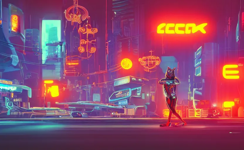 Prompt: Skinny orange cat in cyberpunk with neon signs and robots, very detailed, very photorealistic.