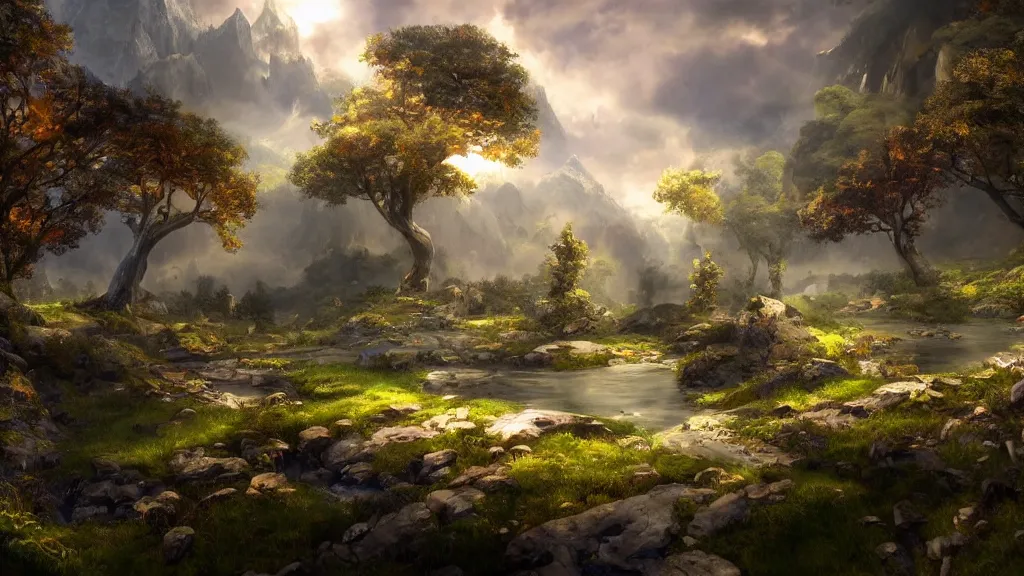 Image similar to fantasy desktop background, painting, magical, landscape, intricate and detailed environment, raytracing, compute shaders, soft lighting, sharp focus