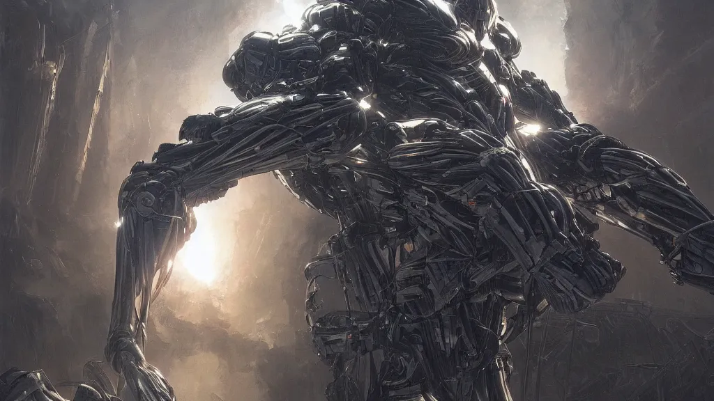 Image similar to crysis nanosuit with powerful biological muscle augmentation, megastructures, remnants of the human civilization at dusk, painted by tsutomu nihei, painted by artgerm and greg rutkowski