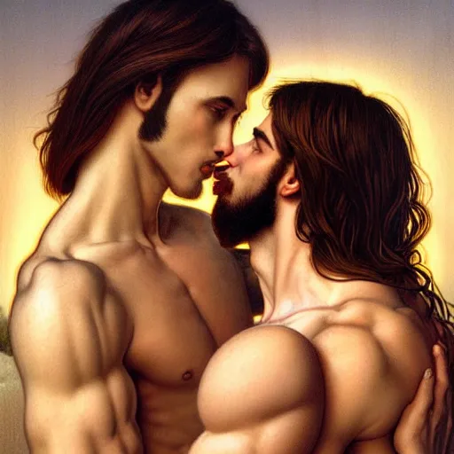 Image similar to jesus kissing a sensual muscular man in jerusalem, elegant, highly detailed, digital painting, artstation, concept art, matte, sharp focus, highly detailed, 4 k, hdr, smooth, sharp focus, high resolution, award - winning photo, photorealistic, art by artgerm and greg rutkowski and alphonse mucha, large shot