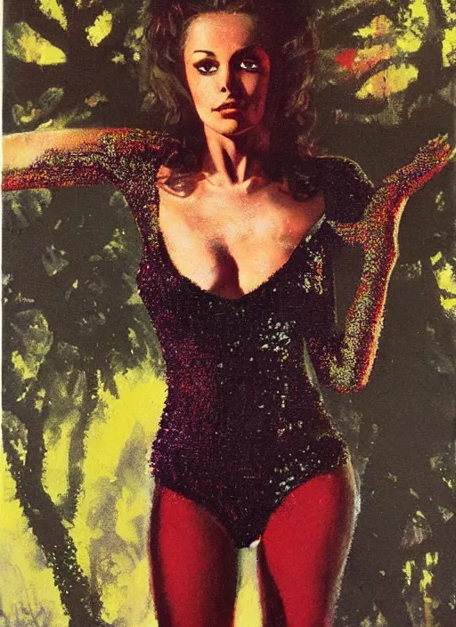 Image similar to seventies slim young horror actress, sequin top, dark forest, strong line, deep color, beautiful! coherent! by brom, by frank frazetta,