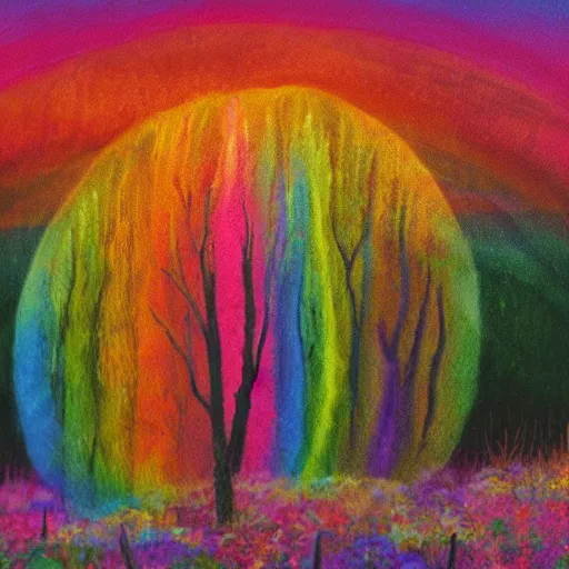 Prompt: woman forest rain rainbow landscape