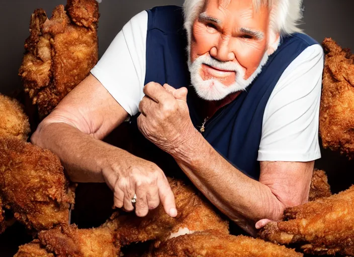 Prompt: photo still of kenny rogers in a fried chicken pit!!!!!!!! at age 4 6 years old 4 6 years of age!!!!!!!! hiding from parents, 8 k, 8 5 mm f 1. 8, studio lighting, rim light, right side key light