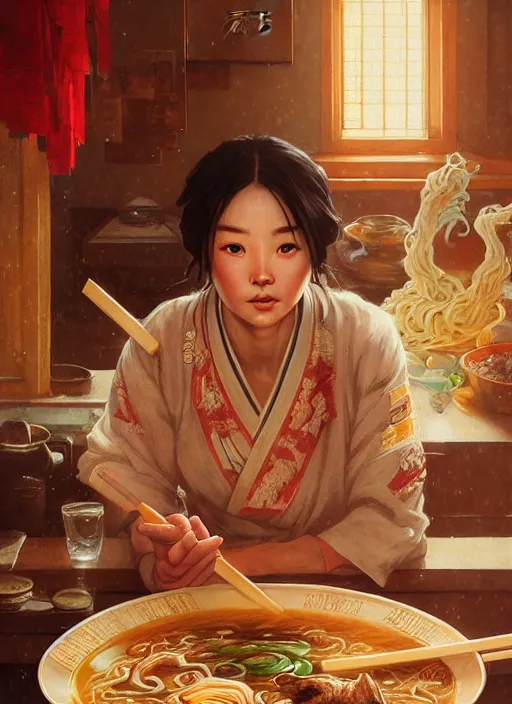 Prompt: highly detailed ramen portrait, tooth wu, norman rockwell, wuxia art by greg rutkowski, loish, rhads and thomas kinkade, ilya kuvshinov, rossdraws, tom bagshaw, alphonse mucha, global illumination, detailed and intricate environment