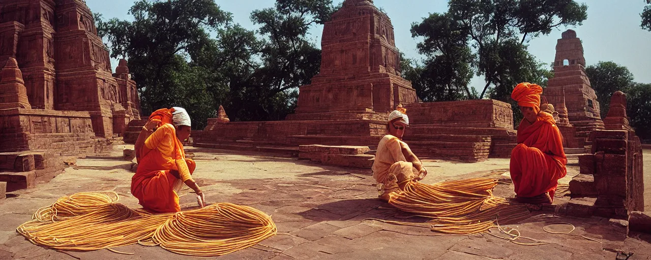 Prompt: offering spaghetti at sanchi stupa, ancient india, canon 5 0 mm, shallow depth of field, kodachrome film, in the style of galen rowell, retro