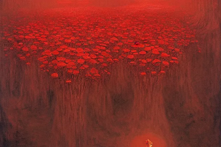 Image similar to only with red, red flowers of different types, a red tiger, a castle in the background, medieval demons dance over the flowers, an ancient path, in the style of beksinski, part by hopper, part by rodcenko, part by hofbauer, intricate composition, red by caravaggio, insanely quality, highly detailed, masterpiece, red light, artstation