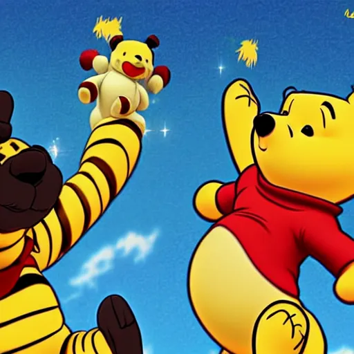 Prompt: monokuma fist-fighting winnie the pooh, anime, detailed, kawaii