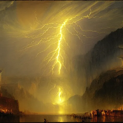 Image similar to river of lightning beneath a full moon, thomas cole, j.m.w. turner, howard hawks