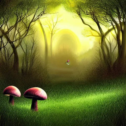 Prompt: a landscape full of dark grass and glowing mushrooms with a deer digital art