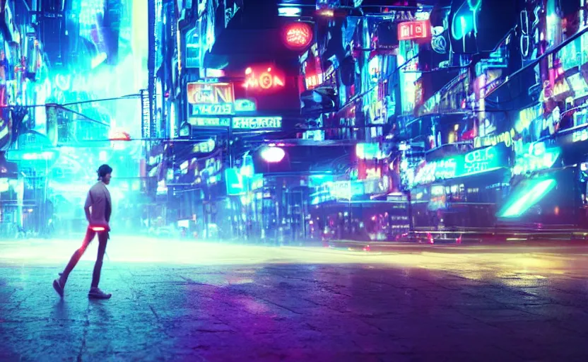 Prompt: you are looking for a giant of 1 km of hight walking on the small city, tron, close up bokeh hiperrealistic neon glow darkness dramatic neon, sharp focus, octane render, imax