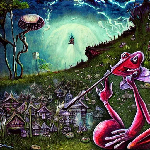 Image similar to Scary godlike fairy killing a frog ,detailed mushroom village in the background , Taras Shevchenko style, post-processing, fantasy , masterpiece , junji ito, painting , psychedelic colored