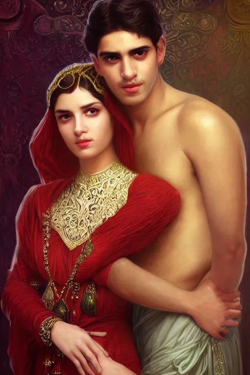 Image similar to a portrait of handsome young male indo-persian Satan and his elegant beautiful indo-persian wife, bored, illustration, dramatic lighting, soft details, painting oil on canvas, art nouveau, octane render, HDR, 4k, 8k, HD, by Edmund Blair Leighton, Brom, Charlie Bowater, trending on artstation, faces by Tom Bagshaw, Sargent