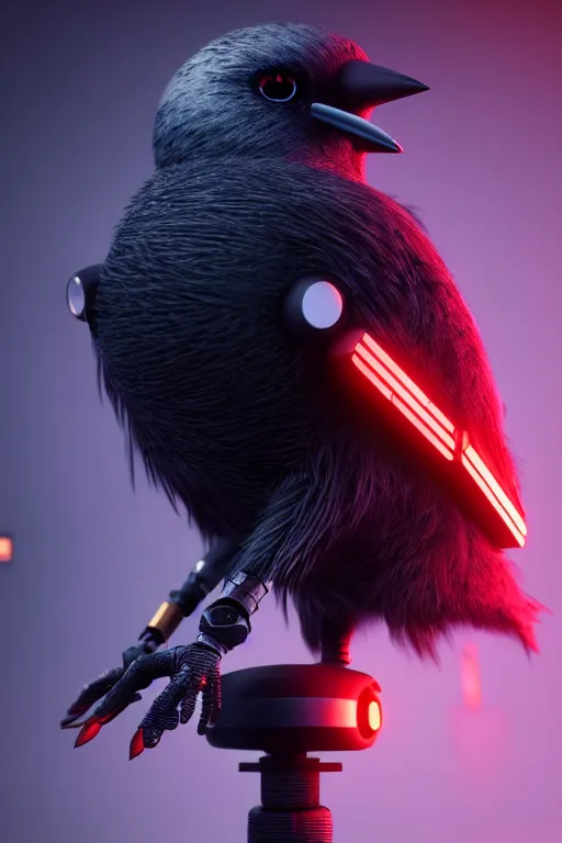 Image similar to high quality 3 d render very cute cyborg crow! next to microphone!, cyberpunk highly detailed, unreal engine cinematic smooth, in the style of blade runner & detective pikachu, hannah yata charlie immer, moody light, low angle, uhd 8 k, sharp focus