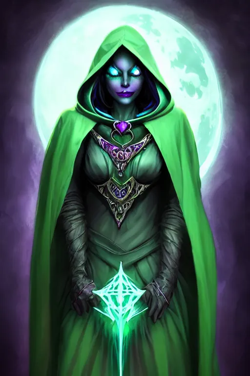 Image similar to realistic character concept portrait art of a female drow necromancer, emerald trinkets and outfit, beautiful face, hooded robes, moonlit, ghostly atmosphere, long dark hair, by stanley artgerm lau, wlop, rossdraws, james jean, andrei riabovitchev, marc simonetti, and sakimichan, tranding on artstation