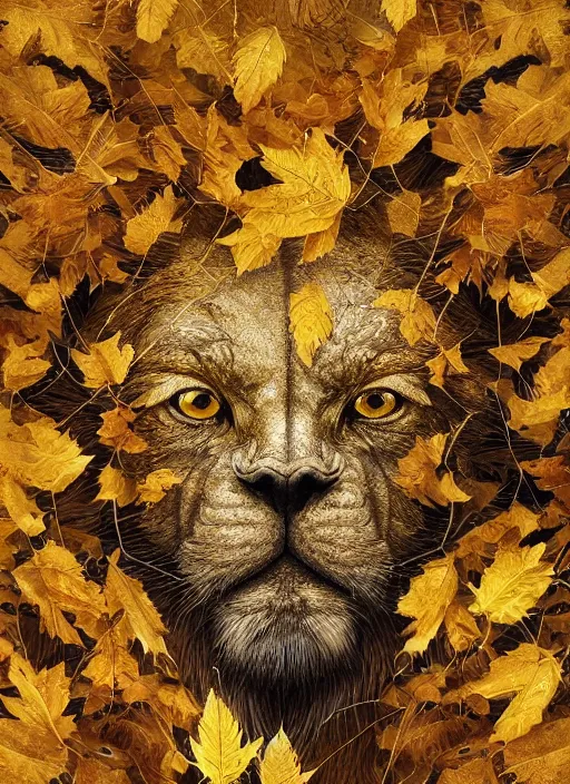 Prompt: golden leaves at frame border, creative!!! composition for a book cover, absurdly beautiful, ultrafine hyperrealistic detailed animal face by wlop and artgerm and greg rutkowski, intricate linework, sharp focus, smooth, plain background, unreal engine, dramatic lighting, ethereal, 8 k