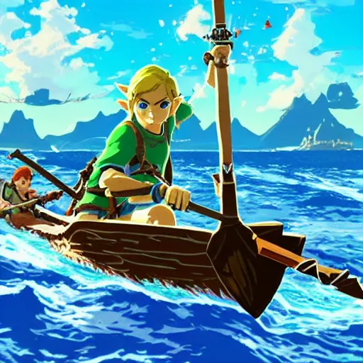 Image similar to link sailing on a boat past an island in the style of breath of the wild