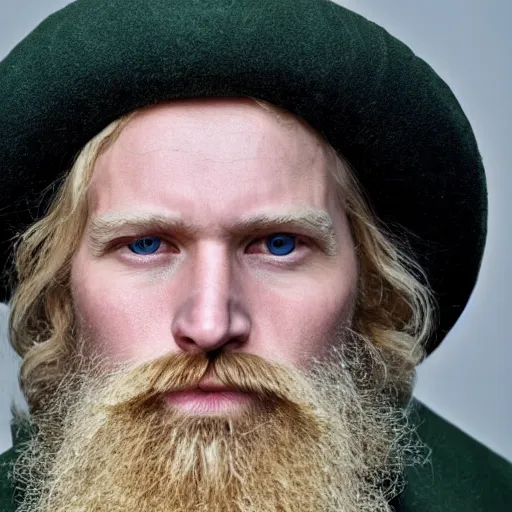 Image similar to close up of face of average looking 5 0 year old anglo saxon blond man with a blond beard and blond mutton chops, short wavy blond hair, green eyes, 1 8 0 0 s soldier, portrait, 4 k