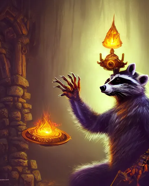 Image similar to closeup 2 8 mm anthropomorphic warlock raccoon casting a spell in a castle, d & d, fantasy, intricate, action pose, particle effects, highly detailed, digital painting, artstation, concept art, matte, sharp focus, volumetric lighting, illustration, hearthstone, art by artgerm, wlop, greg rutkowski and alphonse mucha