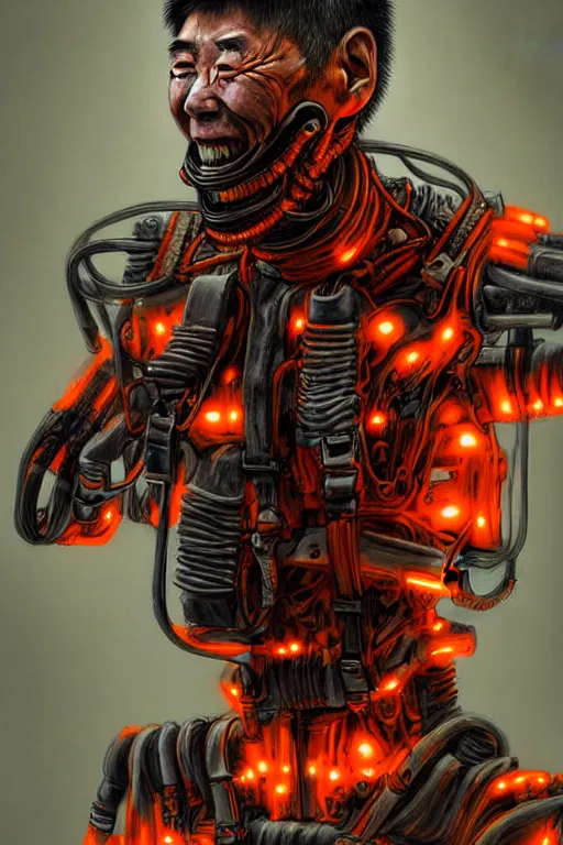 Image similar to hyperrealistic grungy exoskeleton!! smiling chinese man covered highly detailed concept art eric zener elson peter cinematic hard orange lighting high angle hd 8k sharp shallow depth of field
