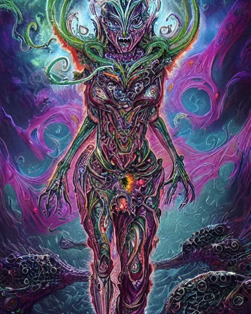 Prompt: silver mechanical charred bloody fleshmetal cyborg daemonhost woman psychedelic flamer of tzeentch with extra arms, blue and green rainbow fire, by antonio j. manzanedo, alex grey, android jones, wayne barlowe, philippe druillet, cyril rolando, josephine wall, harumi hironaka, cronenburg, trending on artstation