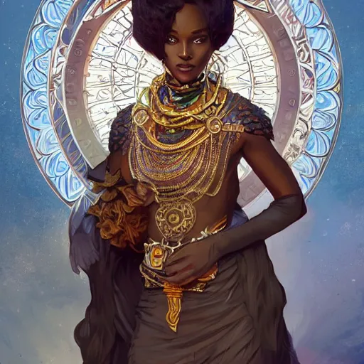 Prompt: an african royal family, kemetic, D&D, fantasy, intricate, elegant, highly detailed, digital painting, artstation, concept art, matte, sharp focus, illustration, art by Artgerm and Greg Rutkowski and Alphonse Mucha