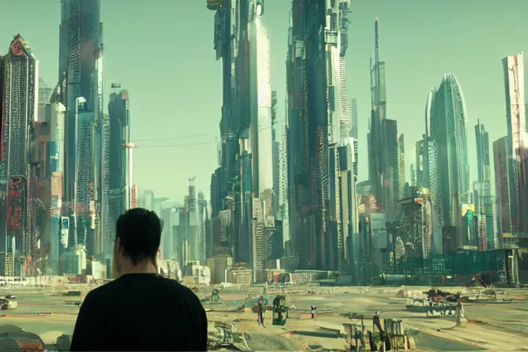 Prompt: VFX movie portrait of daily life in a futuristic itopian cyberpunk interstellar lush city of abundance Emmanuel Lubezki