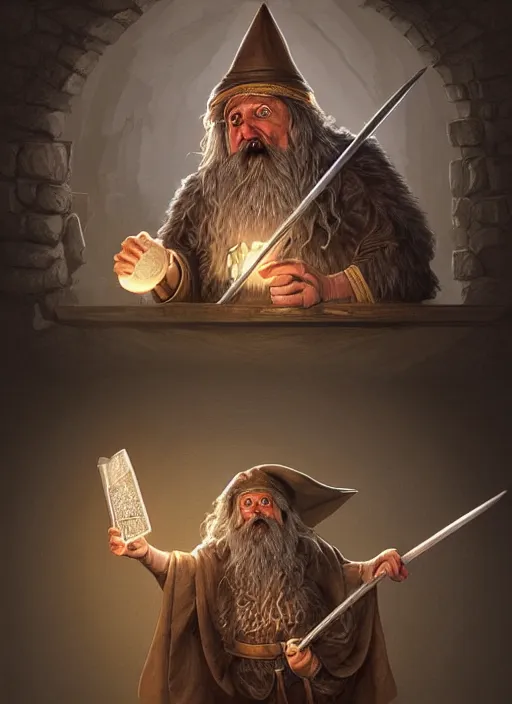 Image similar to highly detailed, hyper realistic wizard, funny, with a dungeon background by studio muti