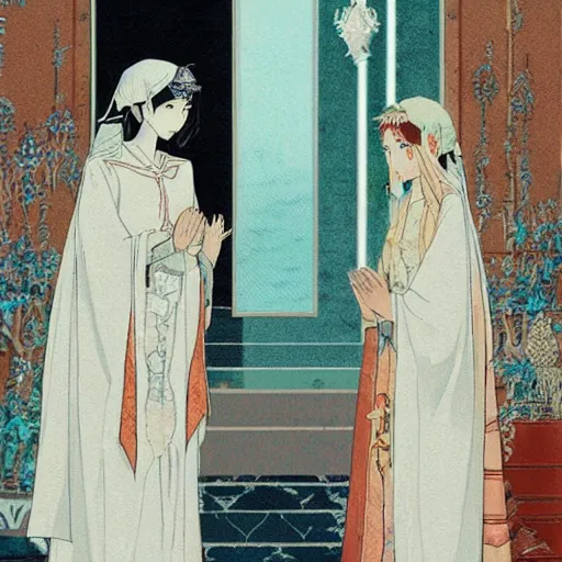 Prompt: a scene of two identical beautiful female priestesses standing face to face, in white veil, full of detail, subtle anime style