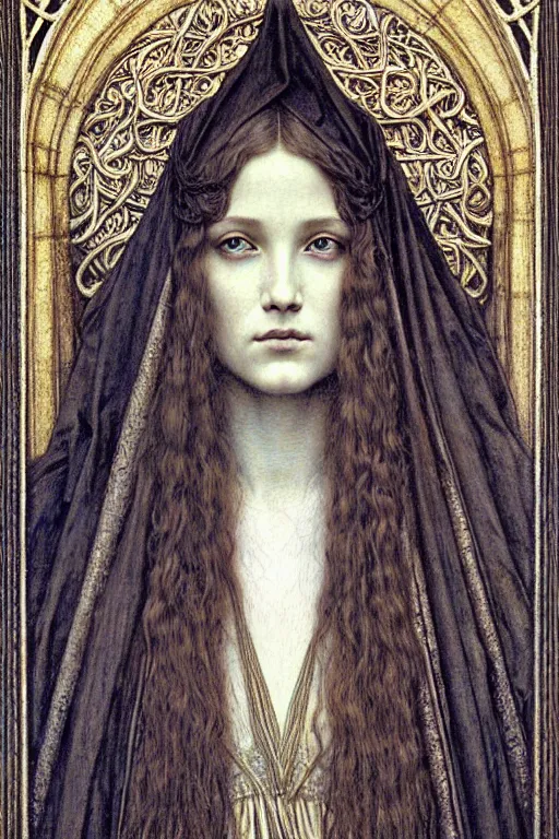 Image similar to detailed realistic beautiful young medieval queen face portrait by jean delville, gustave dore and marco mazzoni, art nouveau, symbolist, visionary, gothic, pre - raphaelite. horizontal symmetry