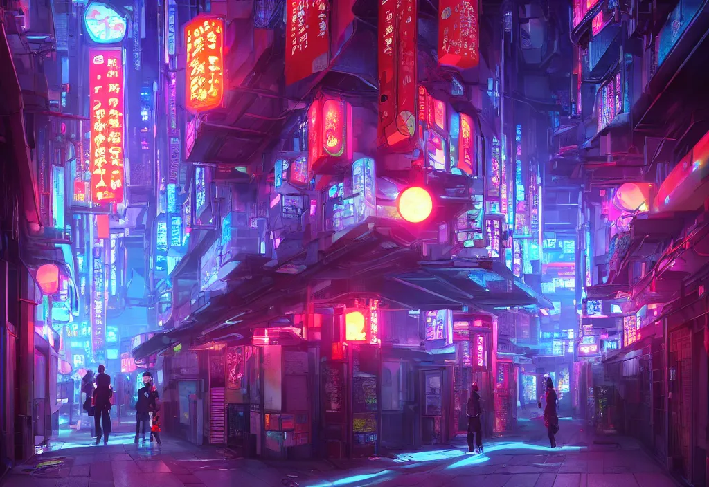 Image similar to a futuristic cyberpunk japanese izayaka alley with neon lights and lanterns, soft glow, intricate, cybernetic, trending on artstation, octane render, colorful, by rossdraws and makoto shinkai