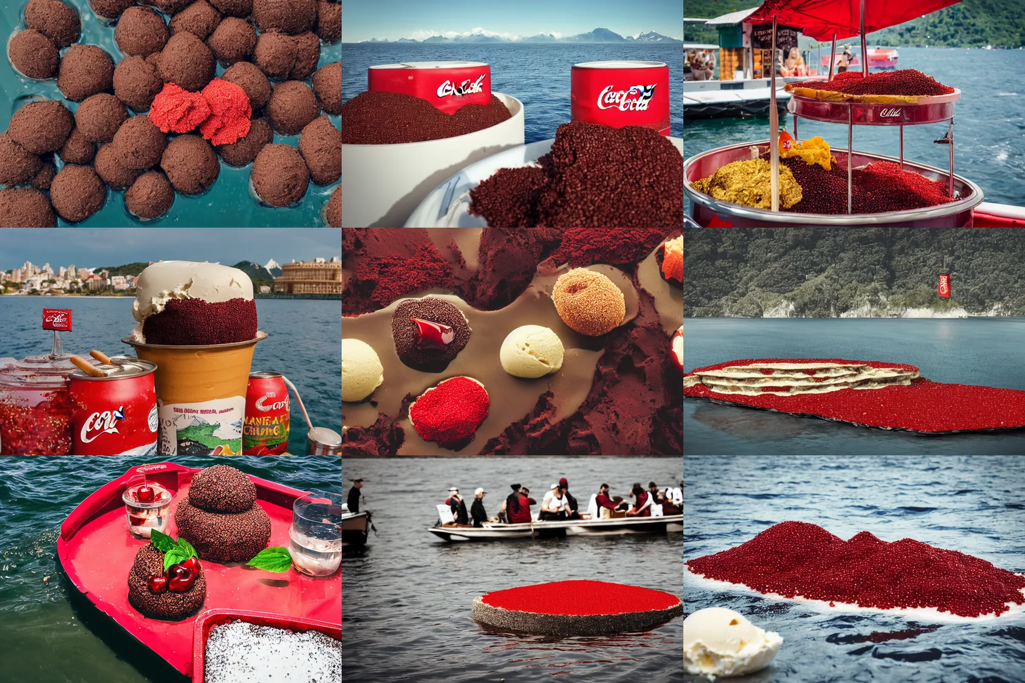 Image similar to an island made of food, around the island instead of water coca - cola ( dark brown ), instead of sand red caviar, instead of mountains ice cream with cherries, photo taken from a boat, 3 5 mm, cinematic