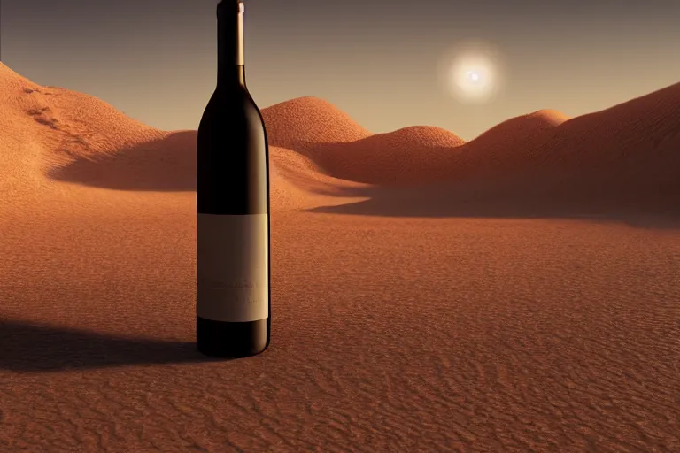 Prompt: wine bottle buried in oasis in the middle of a desert, dramatic, mid day, mountain background, large scale, hyperrealistic, lots of detail, realistic lighting, octane render, by wlop, artgerm, trending on artstation