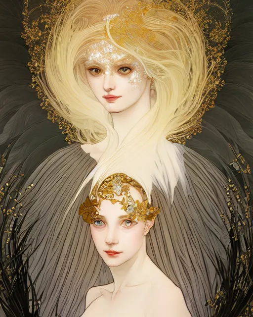 Image similar to portrait of an ethereal woman with pale hair and gold eyes wearing a flowing white and gold gown surrounded by feather motifs, ilya kuvshinov, greg rutkowski, alphonse mucha, kay nielsen, ross tran, artgerm, anime, intricate, digital painting, concept art