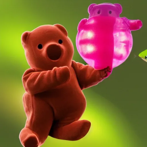 Prompt: gummybear hummingbear teletubbie