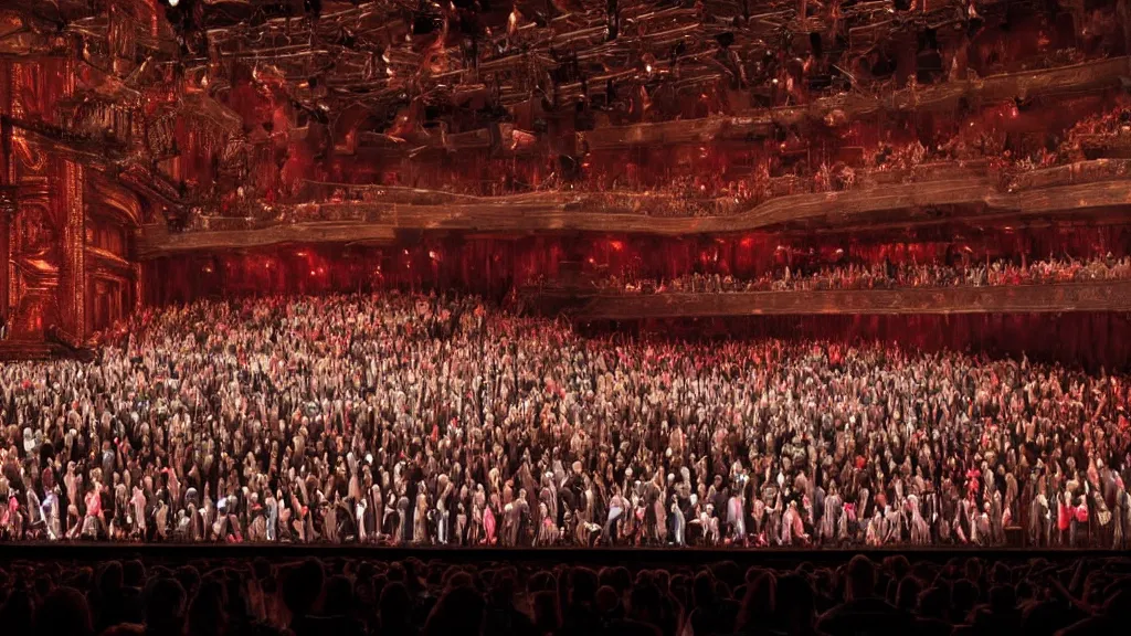 Prompt: fantastical opera set featuring glowing stacked computer monitors on stage, with dancers flying on stage, professional photo from the perspective of the audience with the blurry black silhouettes of audience members in the foreground. Inside the Metropolitan Opera House, looking down the aisle