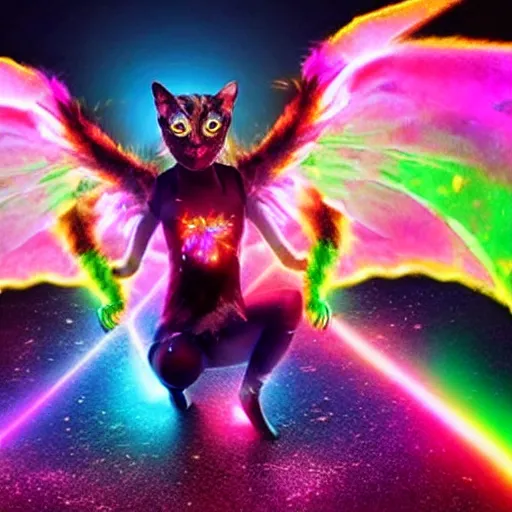 Image similar to a cat demon with dragon wings glows from power, lasers and explosions, glitter and rainbows, neon colours, ultra realistic