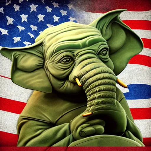 Image similar to elephant yoda patriot potus, modern art placed in a large living room, art designers magazine HD photo superrealism 3d 8k resolution