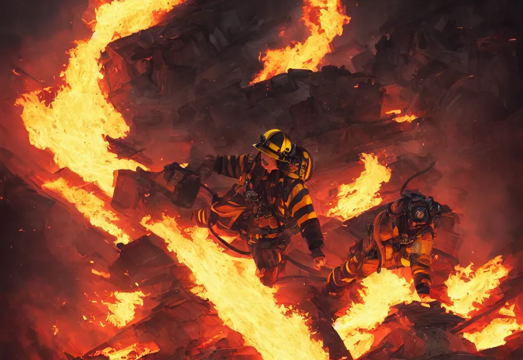 Image similar to heroic firefighter in action in black and yellow uniform, fire flames, sharp details, sharp focus, elegant, highly detailed, illustration, by jordan grimmer and greg rutkowski and pine ( ハイネ ) and 薯 子 imoko and 香 川 悠 作 and wlop and maya takamura, intricate