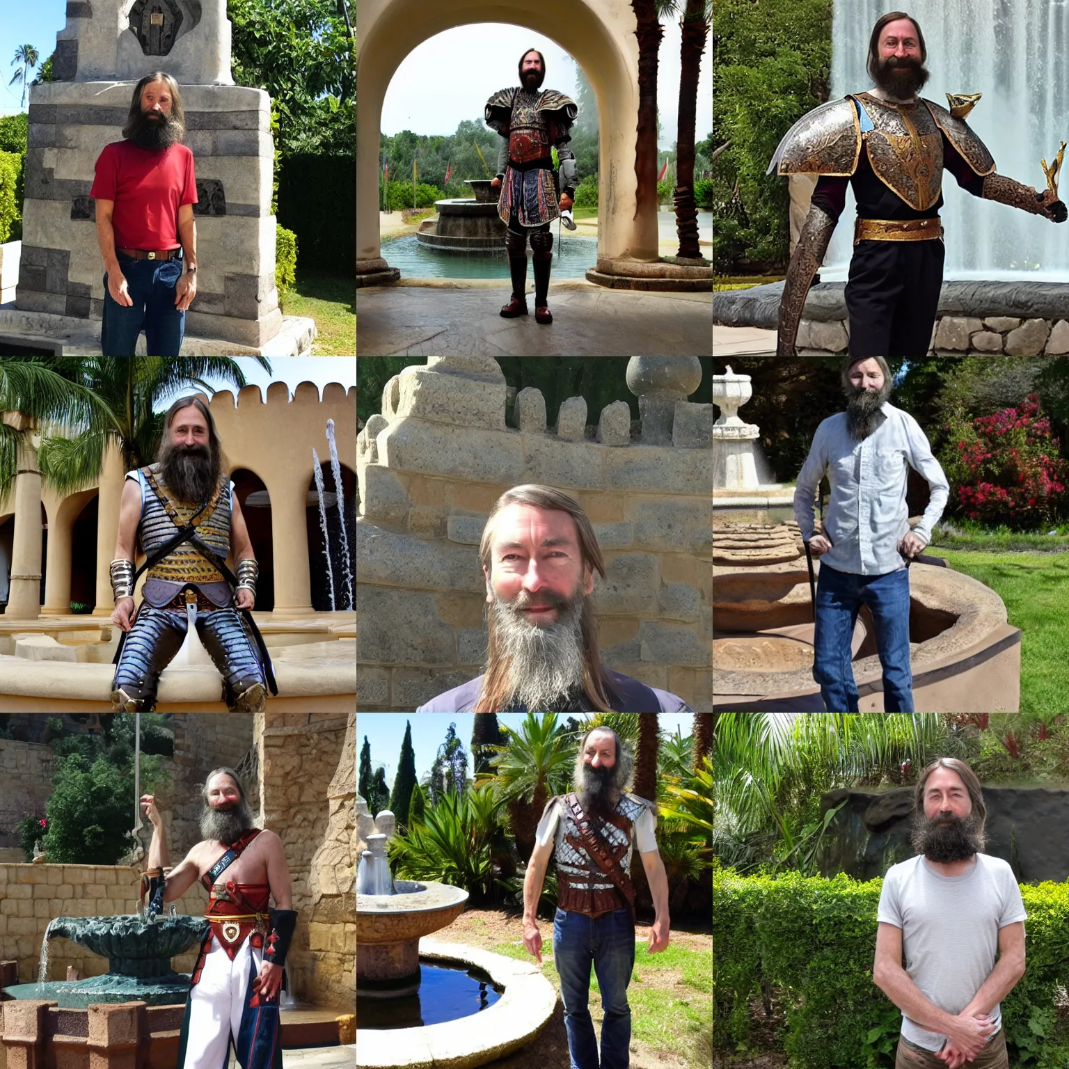 Prompt: aubrey de grey in conquistador armor in front of the fountain of youth