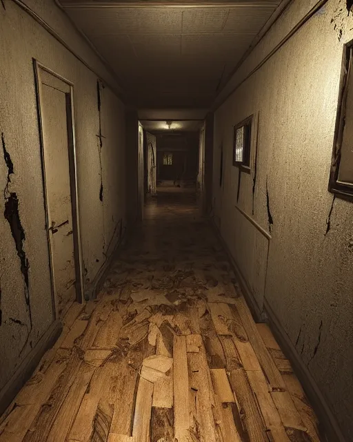 Image similar to Resident Evil 7, American gothic interior, wooden floor, atmospheric, nighttime scene, photorealistic narrow hallway with broken windows, horror