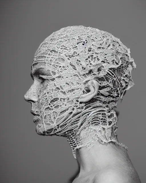 Prompt: a woman's face in profile, made of intricate decorative lace leaf skeleton, in the style of the dutch masters and gregory crewdson, dark and moody, depth of field