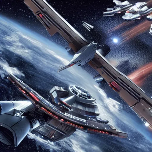 Prompt: battlestar galactica in an epic space battle with starship enterprise D