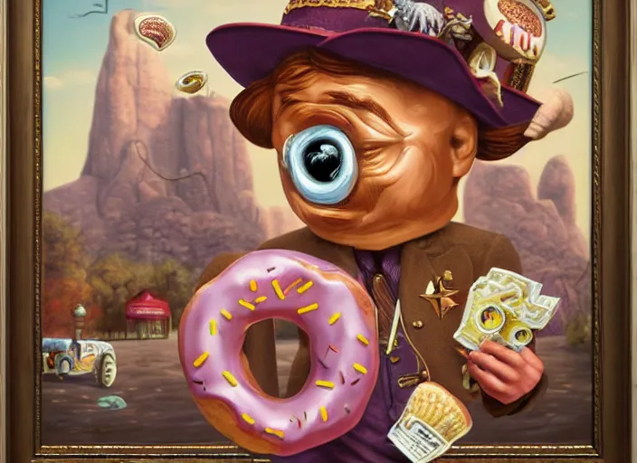 Prompt: the sheriff in form of a donut, lowbrow, matte painting, 3 - d highly detailed, in the style of mark ryden,